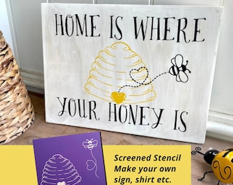Beehive & Heart Trail Bee silk screen stencil, for Chalk paste signs, DIY Home decor.