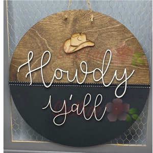 Howdy Y&#39;all Round Door Hanger Welcome Sign SVG, Glowforge SVG Laser Cut File