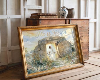 Easter He is Risen Golden Sky Christian wall art Jesus emerges from the tomb Watercolor printable religious landscape  Digital File