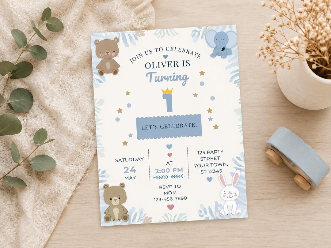 Teddy Bear First Birthday Invitation, Blue Balloon Baby Shower Template ...