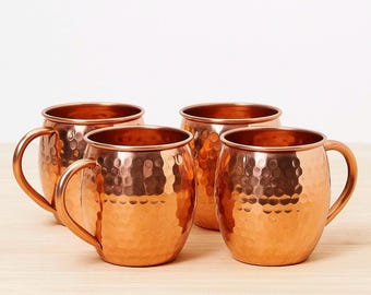 Handmade Copper Moscow Mule Mug Set Pure Copper Cocktail Mugs Hammered Copper Drinkware Home Bar Accessories Wedding & Housewarming Gift