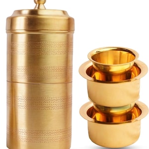 HandmadeBrass Coffee Filter Decoction Maker (280ml) with Dabara/Tumbler Set for Serving Coffee, Tea (Mait Look Finish) 180ml with 2 glasses