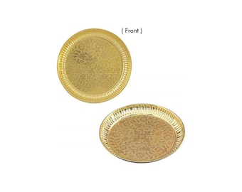 May include: Two round gold-colored metal plates featuring an intricate embossed floral pattern across the surface and a ribbed edge. One plate is shown from a top-down perspective labeled ( Front ), while the other is shown at an angle.