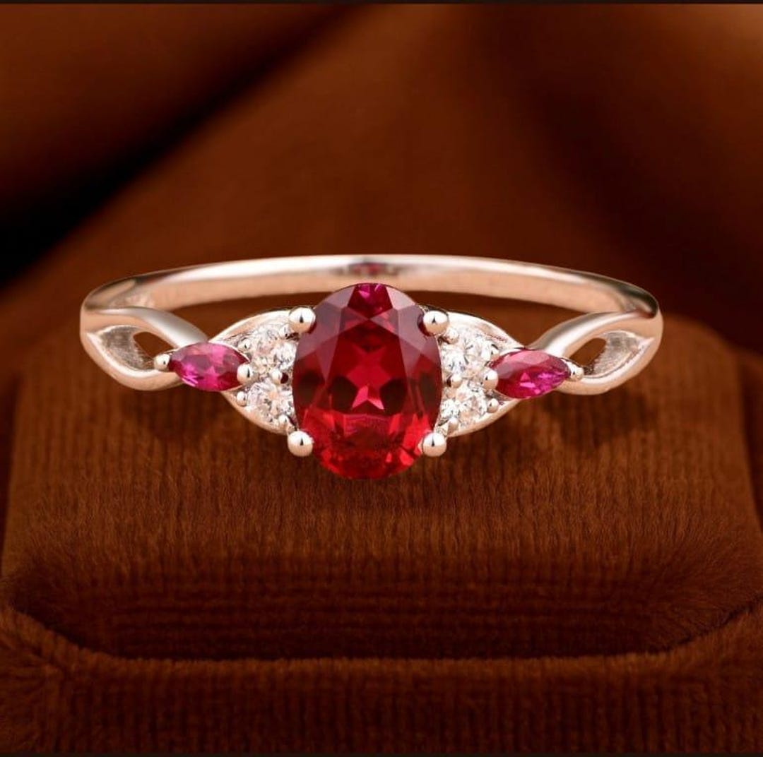 Art Deco Oval Cut Ruby Ring 14K Solid Gold Ruby Gemstone Engagement ...