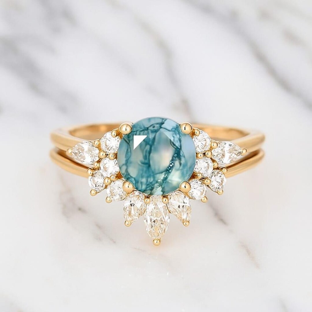 Vintage Moss Agate Engagement Ring Set Unique Rose Gold Moissanite ...