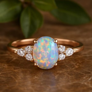 May include: A gold ring featuring an oval opal gemstone with iridescent colors. The ring is accented with small, round, clear gemstones on either side of the opal. The ring is set on a brown surface.