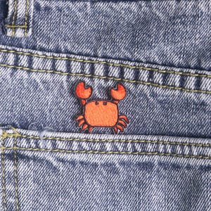 little tiny pocket crab patch, red, crab, iron on applique, for jeans, for jacket