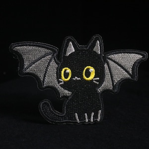 Black Bat Cat Patch, Iron-On Applique for Jackets, Jeans, embroidered,cat with wings