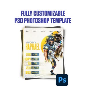 以下が含まれることがあります： フットボールをテーマにした、カスタマイズ可能なPSD Photoshopテンプレート。 Kendrick Raphaelという名前の選手が特徴で、CAR、AP YDS、TDS、REC YDS、RUSH YDSなどの統計情報が表示されています。 テンプレートにはPhotoshopのロゴが含まれています。
