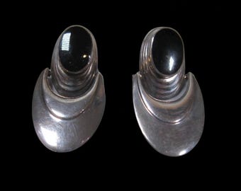 Vintage Sterling Silver Onyx Door Knocker Modernist Earrings, 925 Black Stone Sculptural Drops