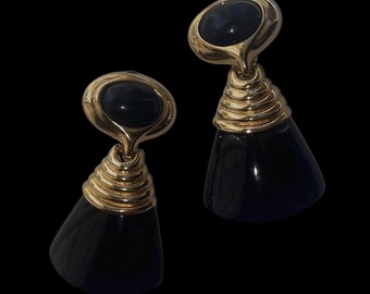 Vintage Black Deco Revival Clip On Earrings, Gold Tone 1980s Sculptural Statement Earrings