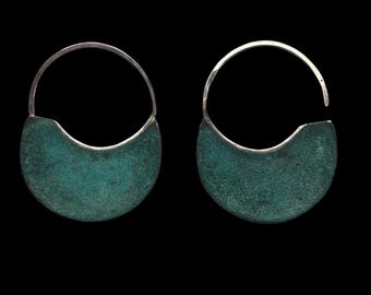 Vintage Sculptural Crescent Hoop Earrings, Jade Green Patina Silver-Tone