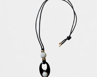 Vintage Black Pendant Necklace, Adjustable Cord Necklace, 90s Minimalist Statement Necklace
