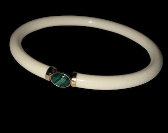 Vintage Signed 585 Gold Malachite White Bangle Cream Lucite Modernist Cabochon Bracelet