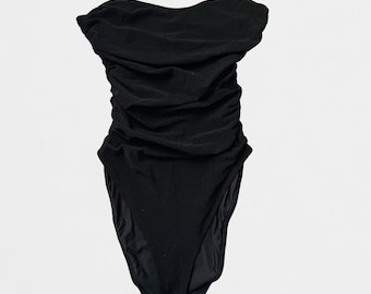 Vintage Giorgio Armani Black Strapless Ruched One-Piece Swimsuit | Made in Italy 1990s