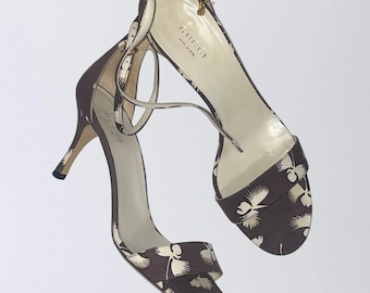 Vintage Gucci Floral Ankle Strap Sandals, S/S 2006, Brown Cream Heels (Original Box)