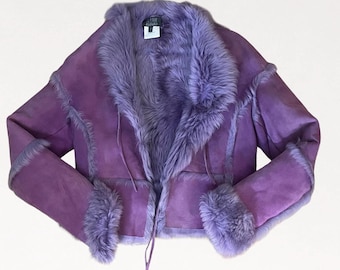 Vintage Les Copains Purple Shearling Jacket, Cropped Fur Trim Tie Front Coat