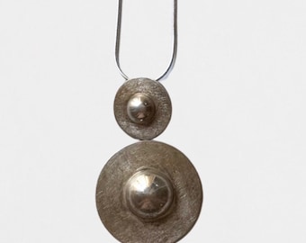 Vintage Modernist Sterling Silver Pendant Necklace, 925 Sculptural Disc Necklace, Brutalist Studio Jewelry with Snake Chain
