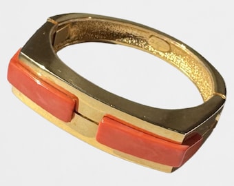 Vintage Givenchy 1977 Bracelet Gold Tone Coral Orange Lucite Hinged Bangle Designer Cuff