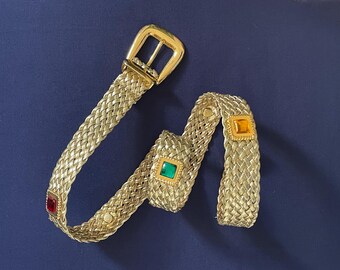1980s leather cinch belt with gold crest by designer R.J. Graziano Size 28\