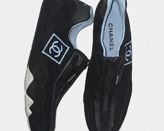 Vintage Chanel Black Suede Sport Sneakers Slip on Trainers Karl Lagerfeld Era