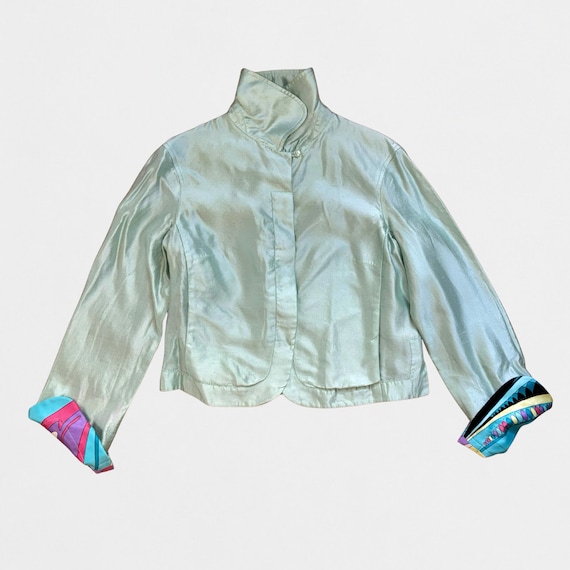 Emilio Pucci, Vintage Emilio Pucci 2003 Silk Jacket Mint Blue Printed Cuffs Made in Italy