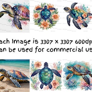 May include: Watercolor illustrations of sea turtles in various poses, surrounded by flowers and aquatic plants. The images feature vibrant colors and artistic details, suitable for commercial use. Text on the image reads: "Each Image is 3307 x 3307 600dpi. Can be used for commercial use."