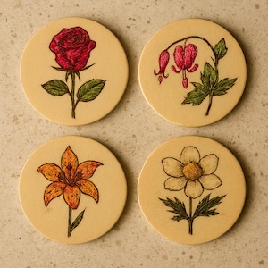 Flowers of Canada Custom Wood Coasters, a Dash of Colour, Sealed with Resin
