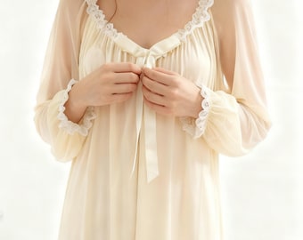 Camisón francés de encaje beige, camisón vintage victoriano con lazo, bata de noche holgada estilo cottagecore, camisón bohemio de encaje, ropa cómoda para estar en casa o de fiesta