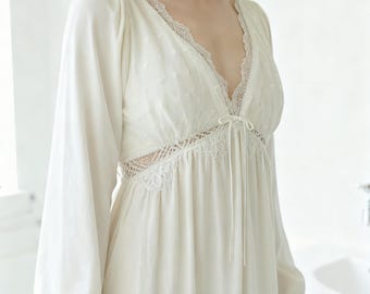 Camisón blanco francés coqueto, camisón vintage de princesa hada, bata de noche boho victoriana, camisón de encaje cottagecore, camisón acogedor