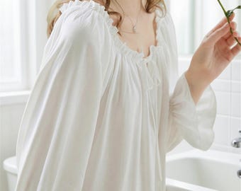 French Victorian Nightgown, Cottagecore Coquette Long Sleepwear, Princess Fairy Nightdress, Vintage Loose Fit Night Robe, Cotton Loungewear