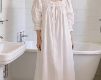 White Button Front Nightgown, Lace Trim Nightgown, Victorian Puff Sleeve Nightdress, Vintage Pleated Nightgown, Cozy Cottagecore Nightdress