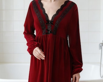 Victorian Winter Warm Velvet Nightwear, Vintage Bridal Nightgown, Bow Decor Long Nightdress, Lace Trim Loungewear Dress, Coquette Sleepwear