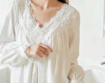 French Vintage Style Nightgown, Victorian Sleepdress With Lace Detail, Cottagecore Night Robe, Princess Fairy Nightdress, Cozy Nightdress