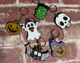 Halloween Keychains: Ghost, Bat, Pumpkin, Frankenstein, Witch