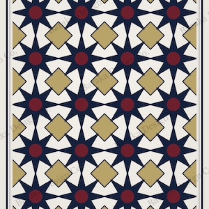 May include: A rectangular wall art print featuring a repeating geometric pattern of dark blue eight-pointed stars, deep red circles, and gold diamonds on a cream background, all enclosed within a thin dark blue border with small corner squares.