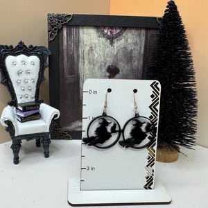 Black Acrylic Witch on a broomstick with black cat earrings