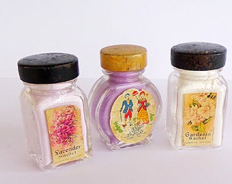 Vintage Sachet Glass Vanity Jars Lavender Gardenia Violet 1950s New York