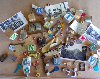 Junk Drawer Lot Vintage Blocks key, game pieces RPPC Buckles Travel shave kit dice