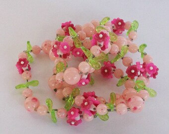 Vintage Necklace, Beaded Necklace, Statement Necklace, Retro Pink, Blush, Cerise Plastic Flowers