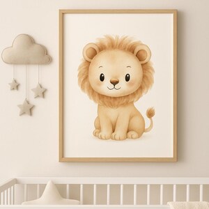 May include: A framed print featuring a watercolor illustration of a cute lion cub. The lion has a tan body and a fluffy, light brown mane. The artwork is in a wooden frame, and the overall theme is suitable for a nursery or children's room.