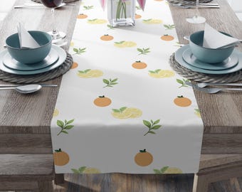 Camino de mesa cítrico, camino de mesa de limón y naranja, mantel con hojas de té y frutas cítricas