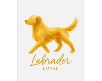 Könnte beinhalten: Illustration eines goldenen Labradors auf weißem Hintergrund. Der Hund wird in einer Laufpose dargestellt, mit dem Wort "Labrador" in Schreibschrift und dem Wort "LOYAL" darunter.