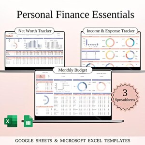 Puede incluir: Imagen de tres portátiles que muestran hojas de cálculo financieras etiquetadas como "Net Worth Tracker", "Income & Expense Tracker" y "Monthly Budget". La imagen también incluye el texto "Personal Finance Essentials", "3 Spreadsheets" y "GOOGLE SHEETS & MICROSOFT EXCEL TEMPLATES".
