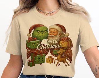 Camiseta navideña del Grinch con Santa Claus, camiseta festiva de vacaciones