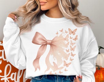 Coquette Bow Butterfly Sweatshirt, Trendy Ribbon Art
