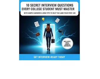 May include: An image with the text "10 SECRET INTERVIEW QUESTIONS EVERY COLLEGE STUDENT MUST MASTER" and "GET INTERVIEW-READY TODAY". A person in a suit walks towards a bright doorway, holding a briefcase and a bag. Lightning bolts and graduation caps are also visible.