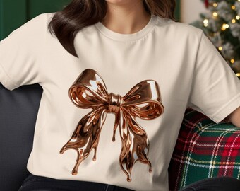 Camiseta con lazo metálico dorado rosa / Camiseta femenina coqueta