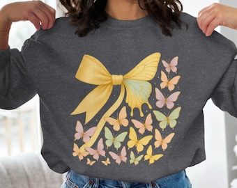 Coquette Butterfly Sweatshirt, Golden Bow, Pastel Art