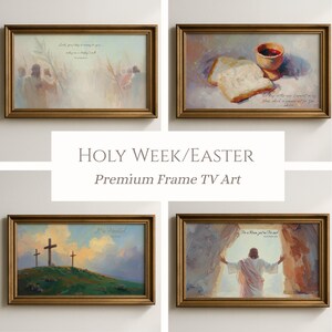 May include: Four framed art prints with gold-colored frames. The prints depict religious scenes, including figures with palm branches, bread and a chalice, three crosses on a hill, and Jesus emerging from a tomb. The text "Holy Week/Easter" is displayed.
